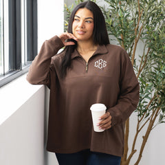 brown collared half zip pullover on julia ann