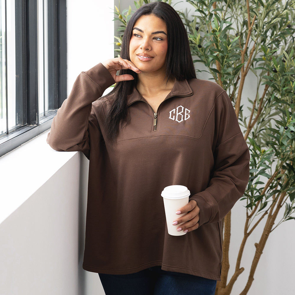 brown collared half zip pullover on julia ann