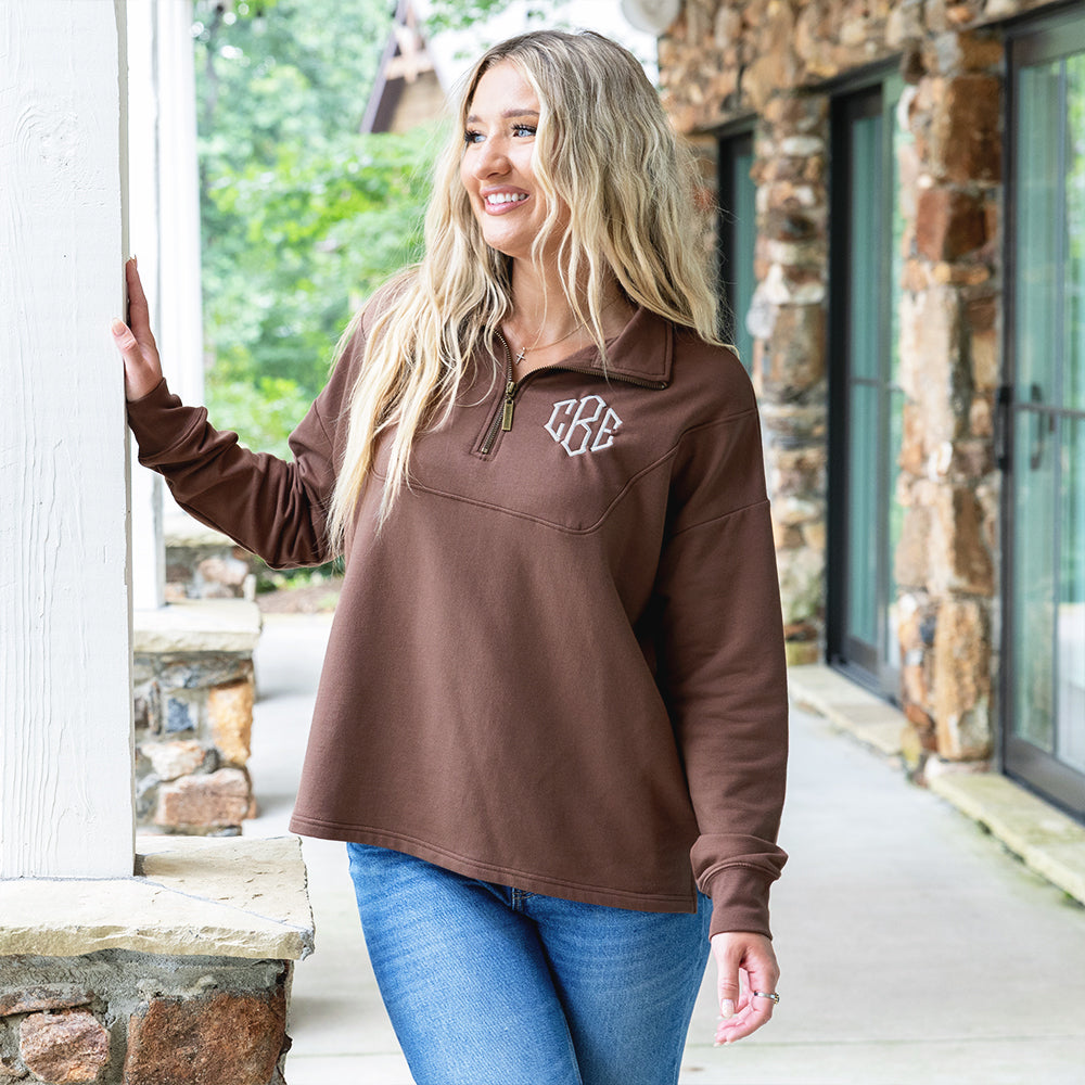 brown collared half zip pullover on katie