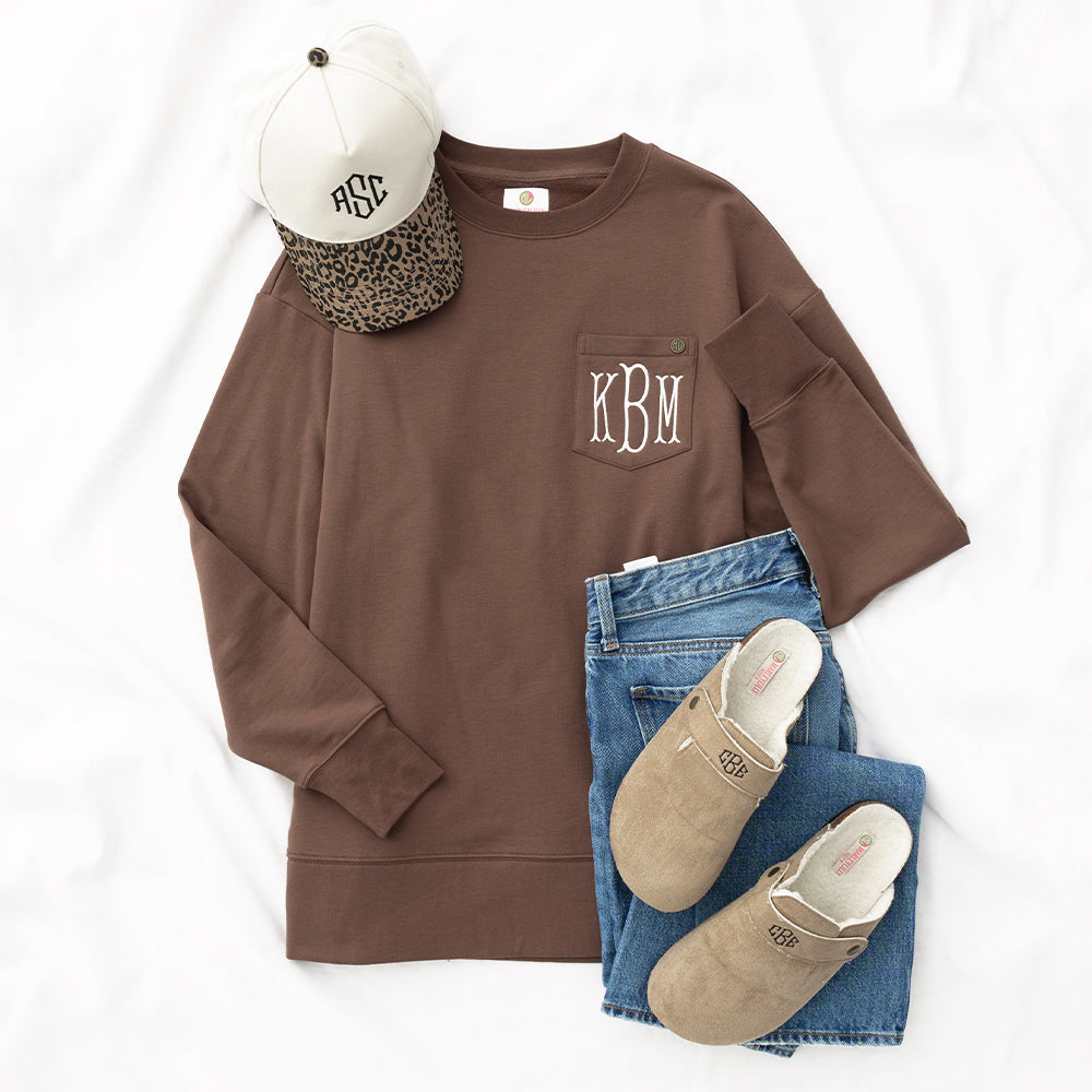 brown crewneck sweatshirt flatlay