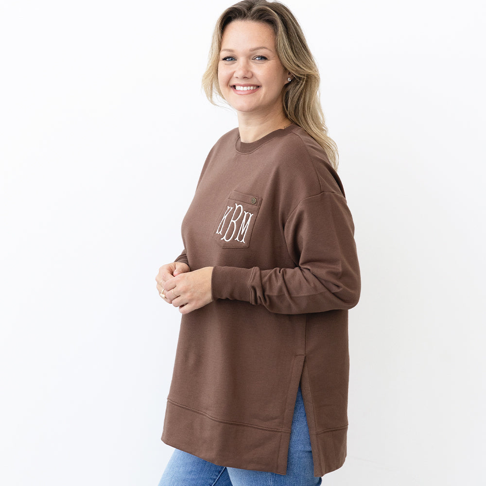 brown crewneck sweatshirt side view