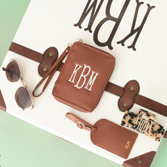 brown passport holder on suitcase