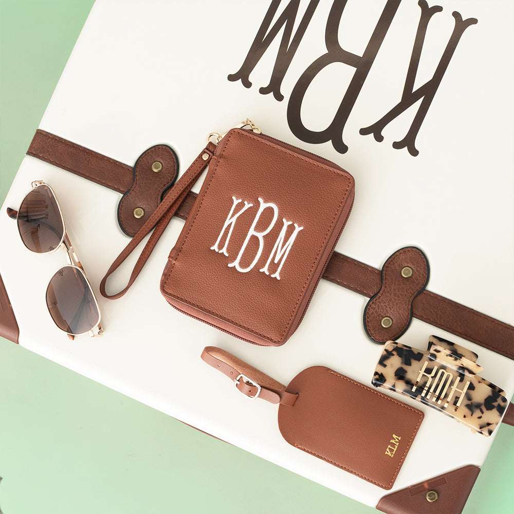 brown passport holder on suitcase