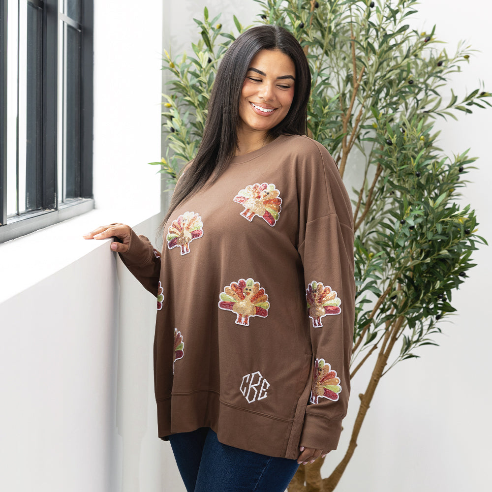 brown sequin turkey sweatshirt on julia ann
