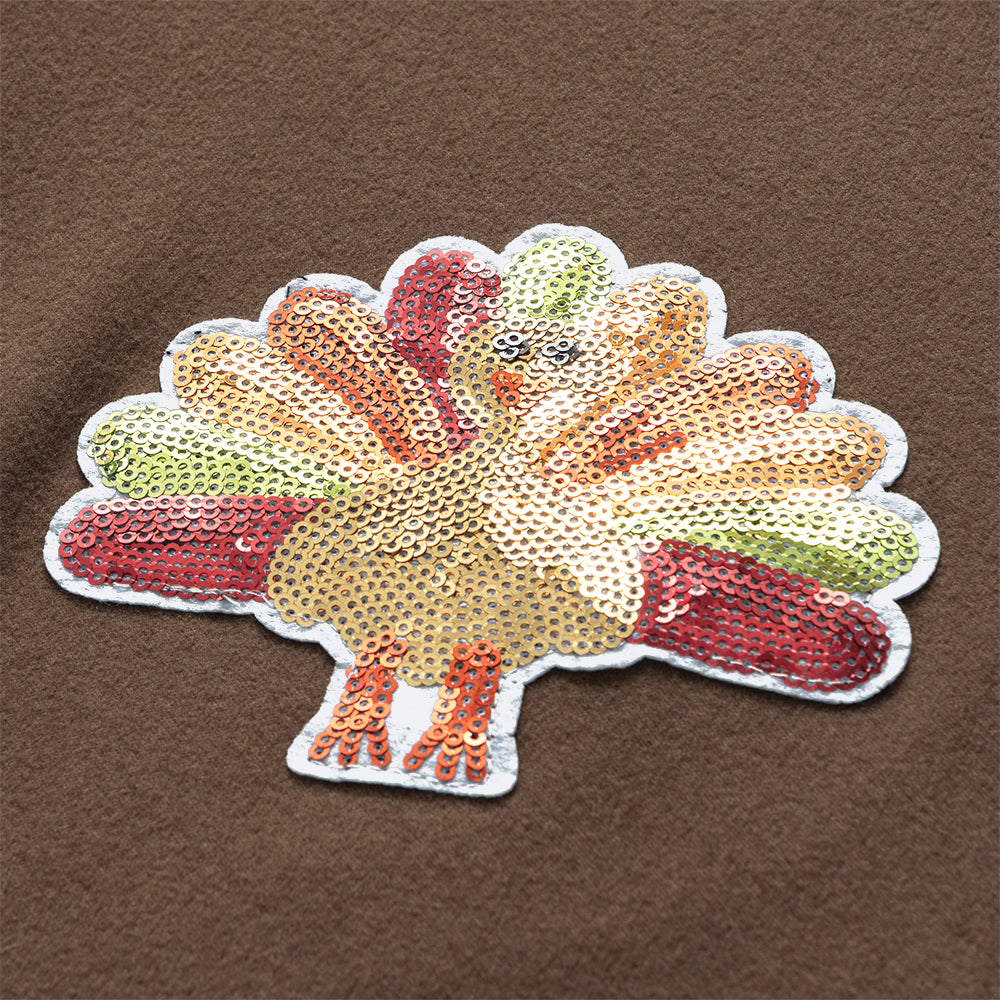 brown sequin turkey sweatshirt up close