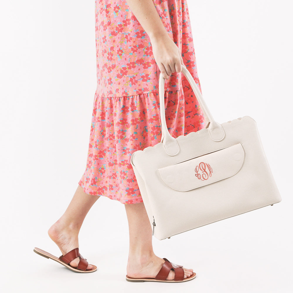 monogrammed essential work tote in bone with coral monogram