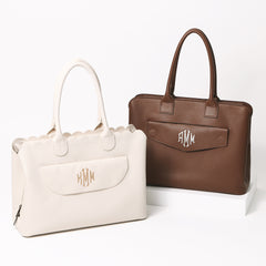 essential work monogrammed totes in brown and bone