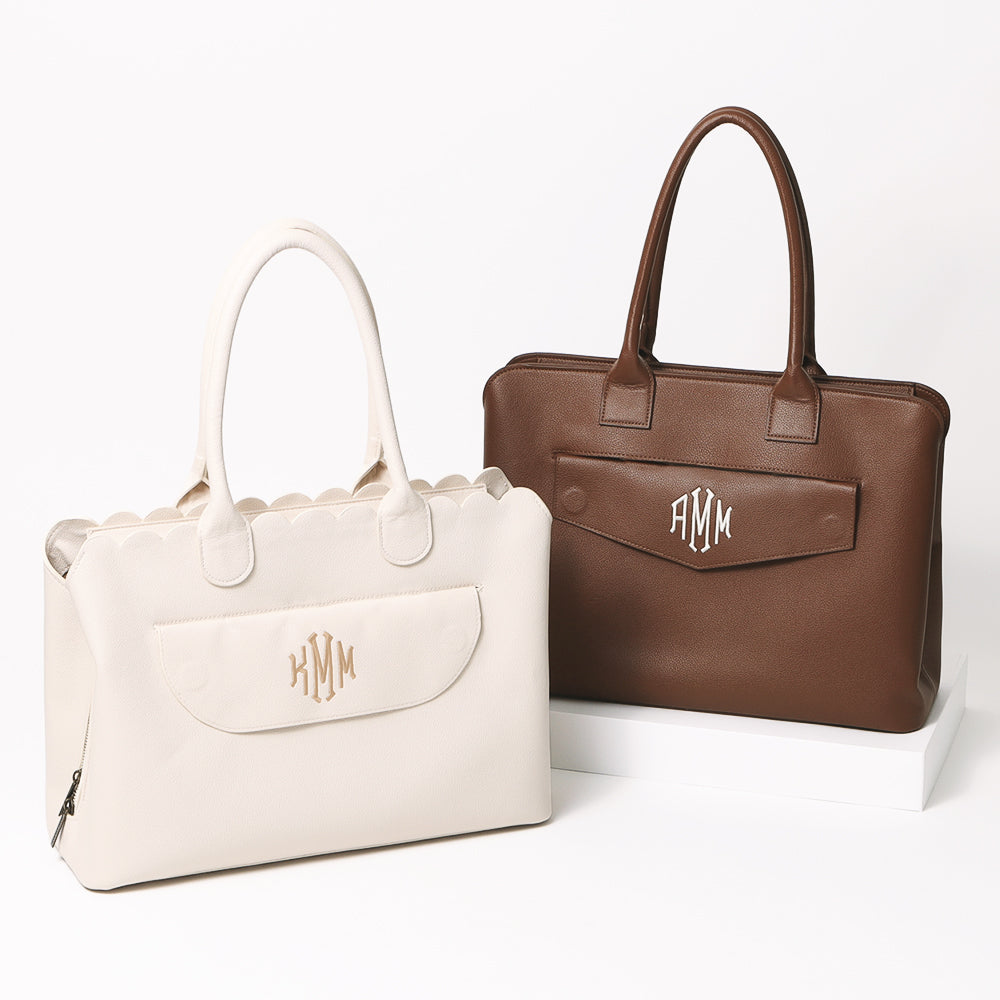 essential work monogrammed totes in brown and bone