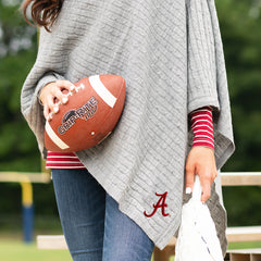 cable knit alabama poncho in gray with football and pom pom
