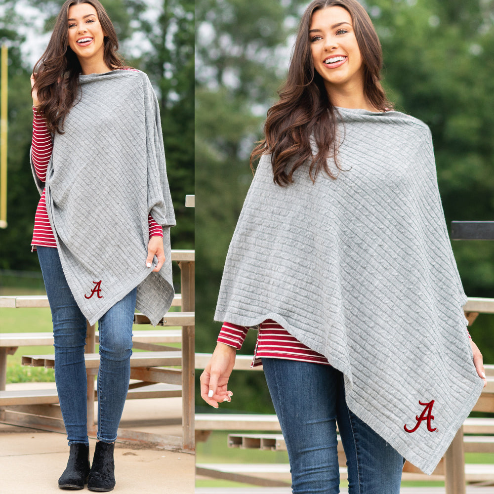 gray alabama poncho with jeans and crimson striped layering tunic
