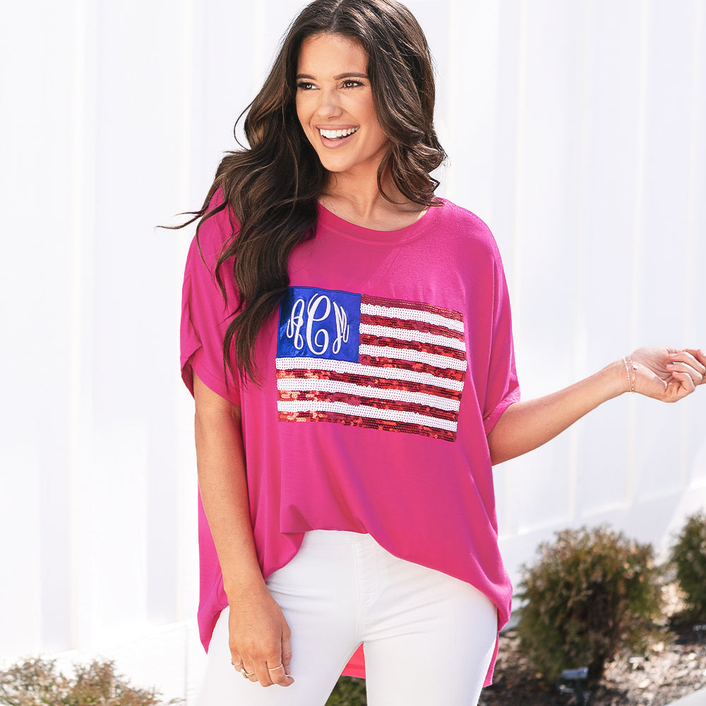 [peyton] girl wearing monogrammed sequin flag t shirt in hot pink