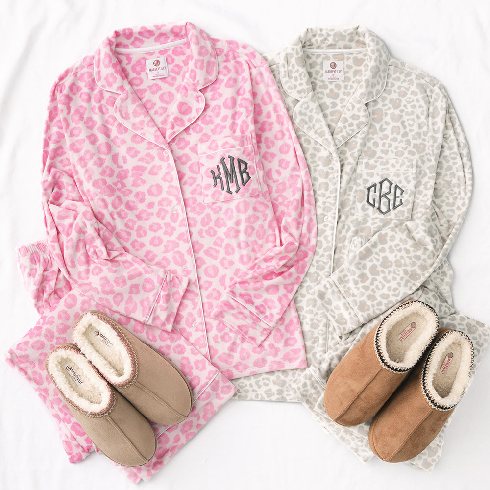 pink cheetah and snow leopard softspun monogrammed pajama sets
