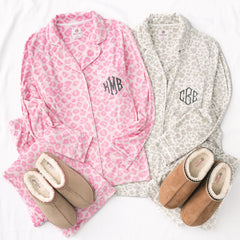 pink cheetah and snow leopard softspun monogrammed pajama sets