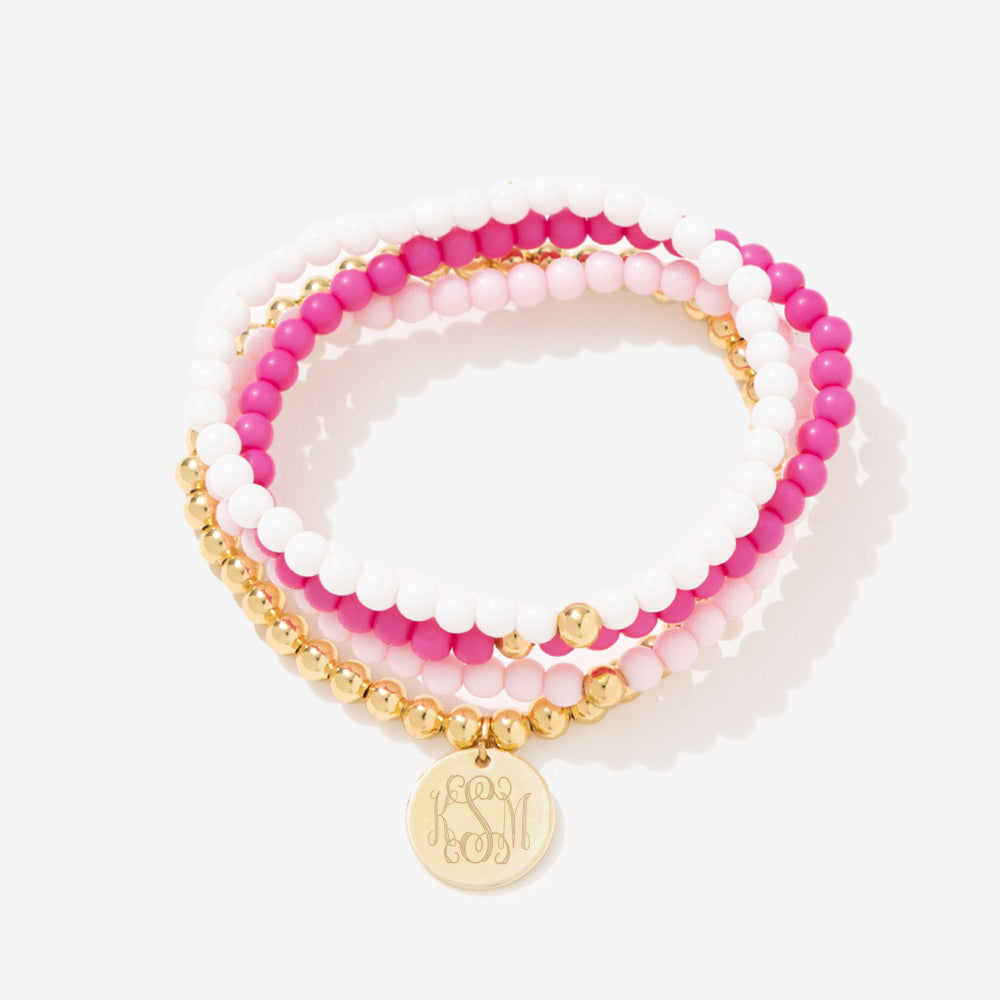 Monogrammed Pink Beaded Bracelet Set in Pink