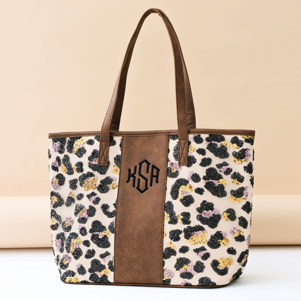 monogrammed leopard sequin tote bag