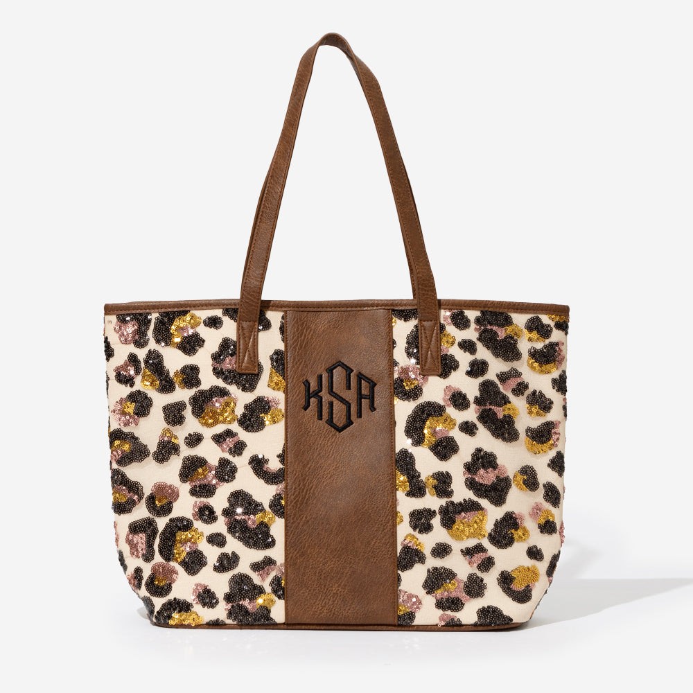 monogrammed leopard tote bag in leopard sequin