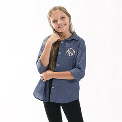 girl in chambray button down tunic - studio shot