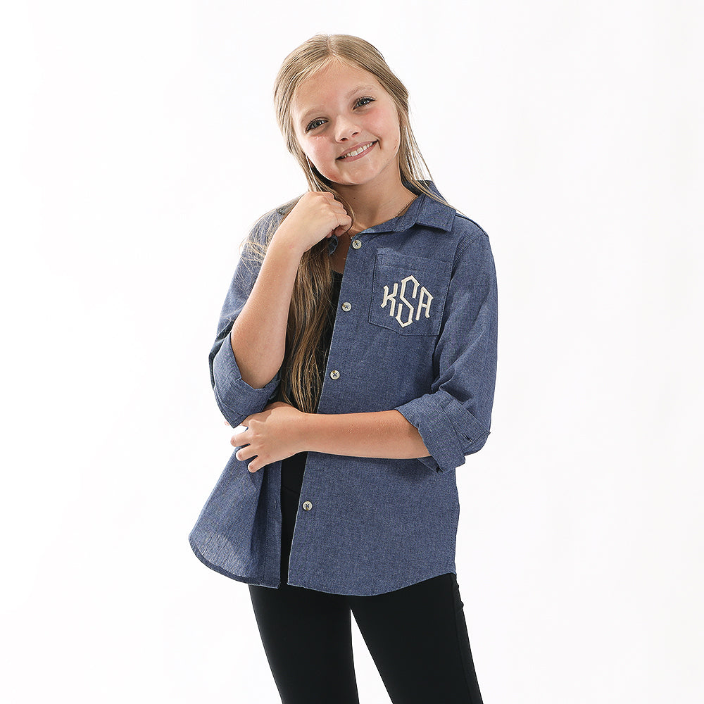 girl in chambray button down tunic - studio shot