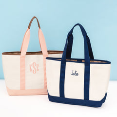 coral and navy personalized boat tote bags