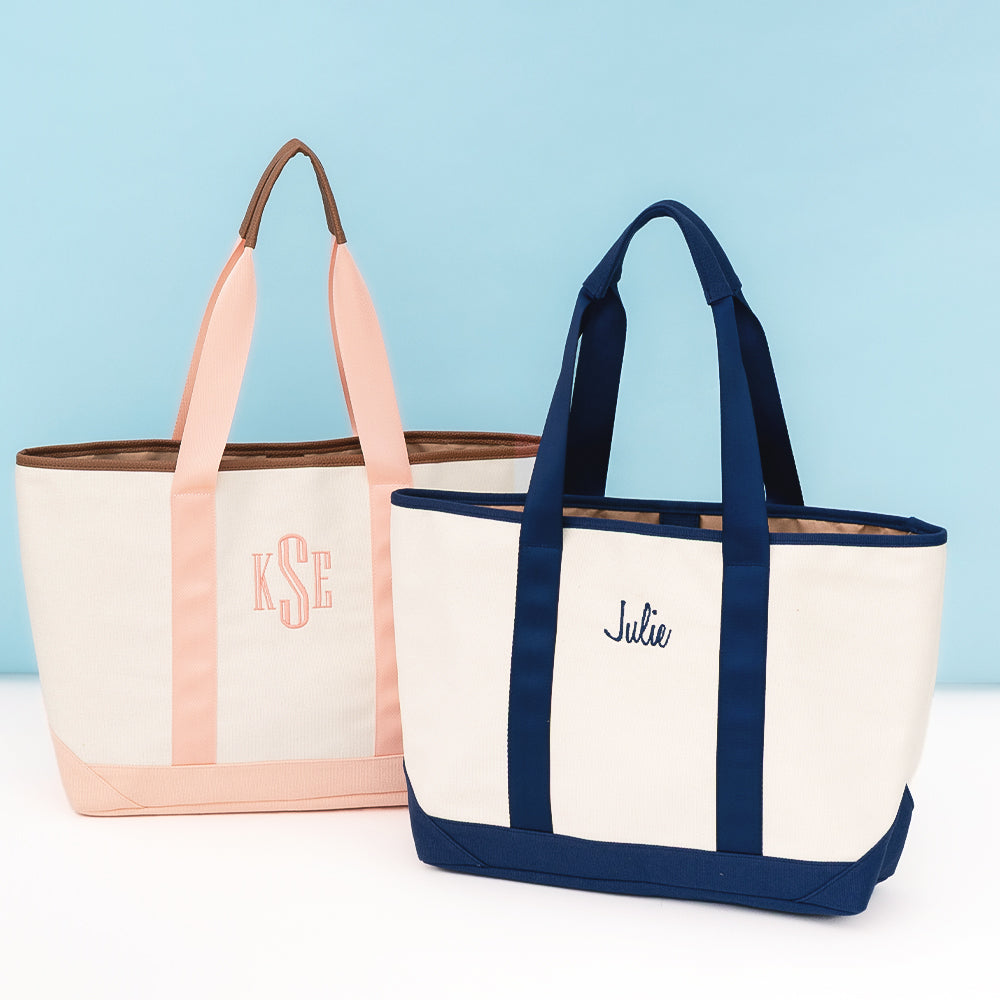 coral and navy personalized boat tote bags