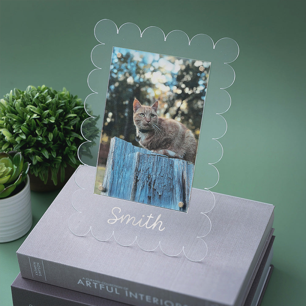 cat photo in scalloped vinyl picture frame 