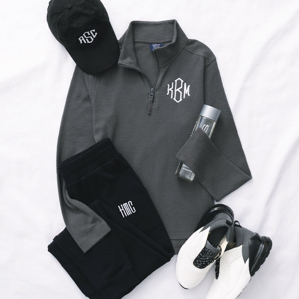 charcoal monogrammed lightweight waffle quarter zip pullover ootd 