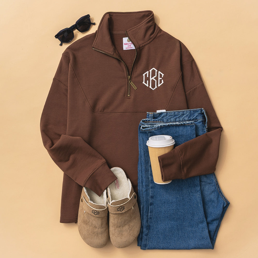 chocolate monogrammed collared half zip pullover ootd 