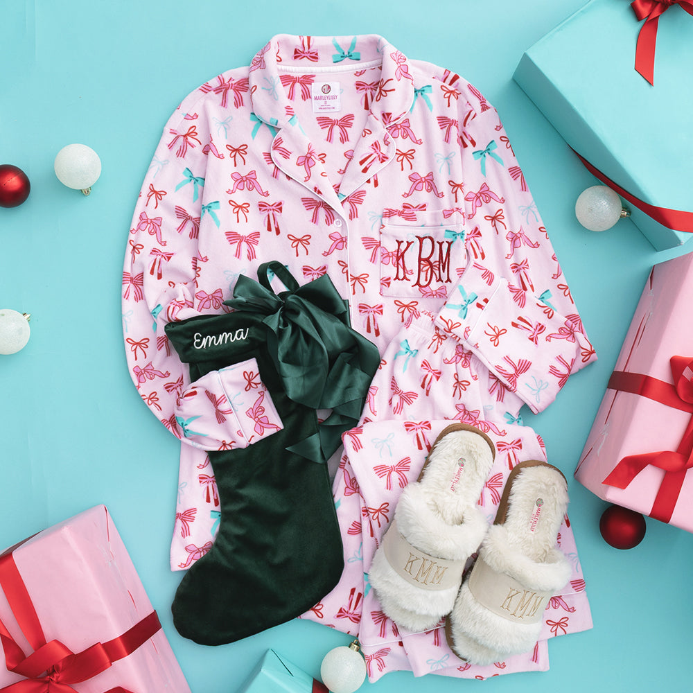christmas coquette monogrammed softspun pajama set outfit with stocking and slippers

