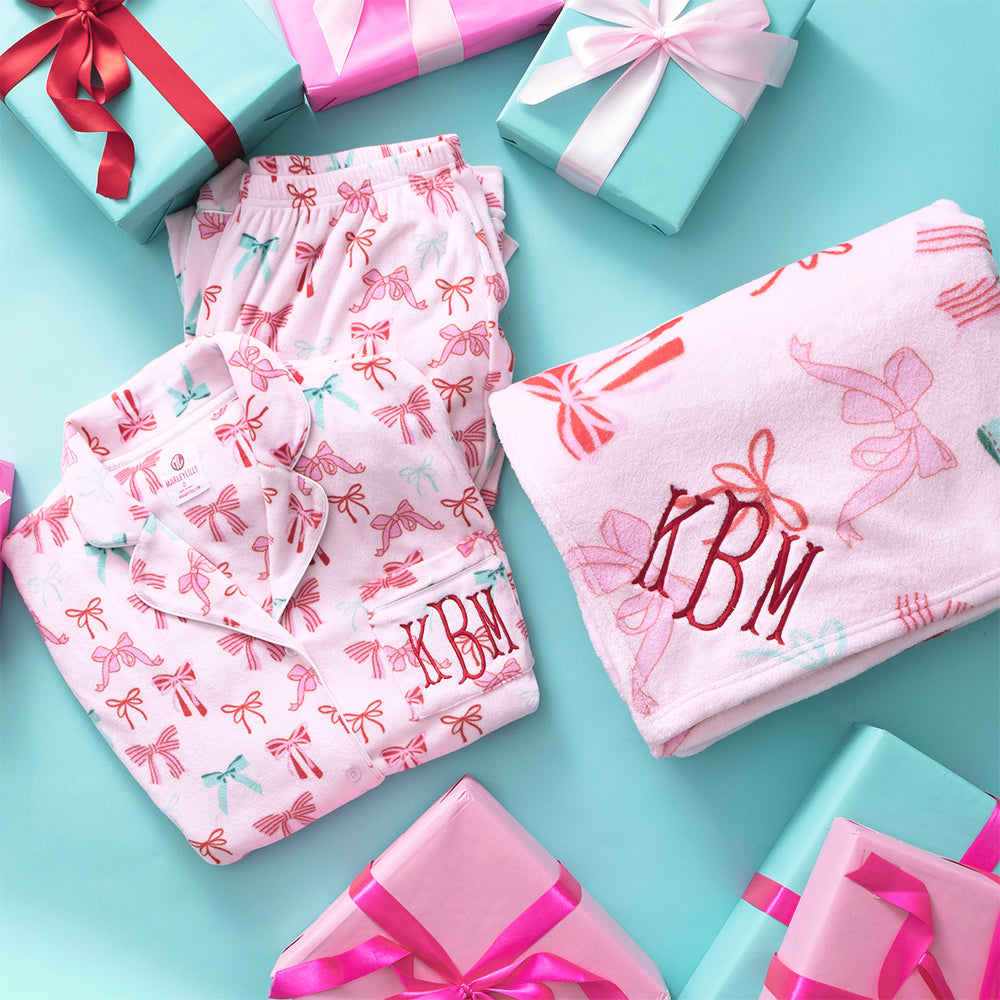 christmas coquette plush blanket with softspun pajama set flatlay