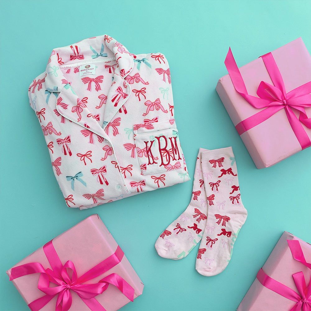 christmas coquette socks pajama flatlay