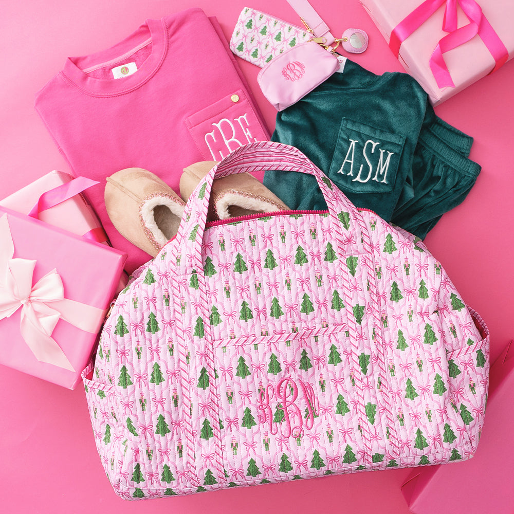 christmas lattice monogrammed quilted weekender packed 