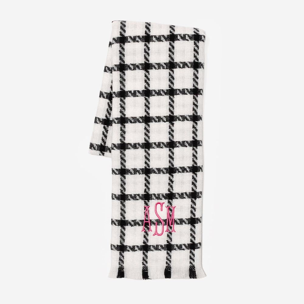 monogrammed plaid scarf in black and white