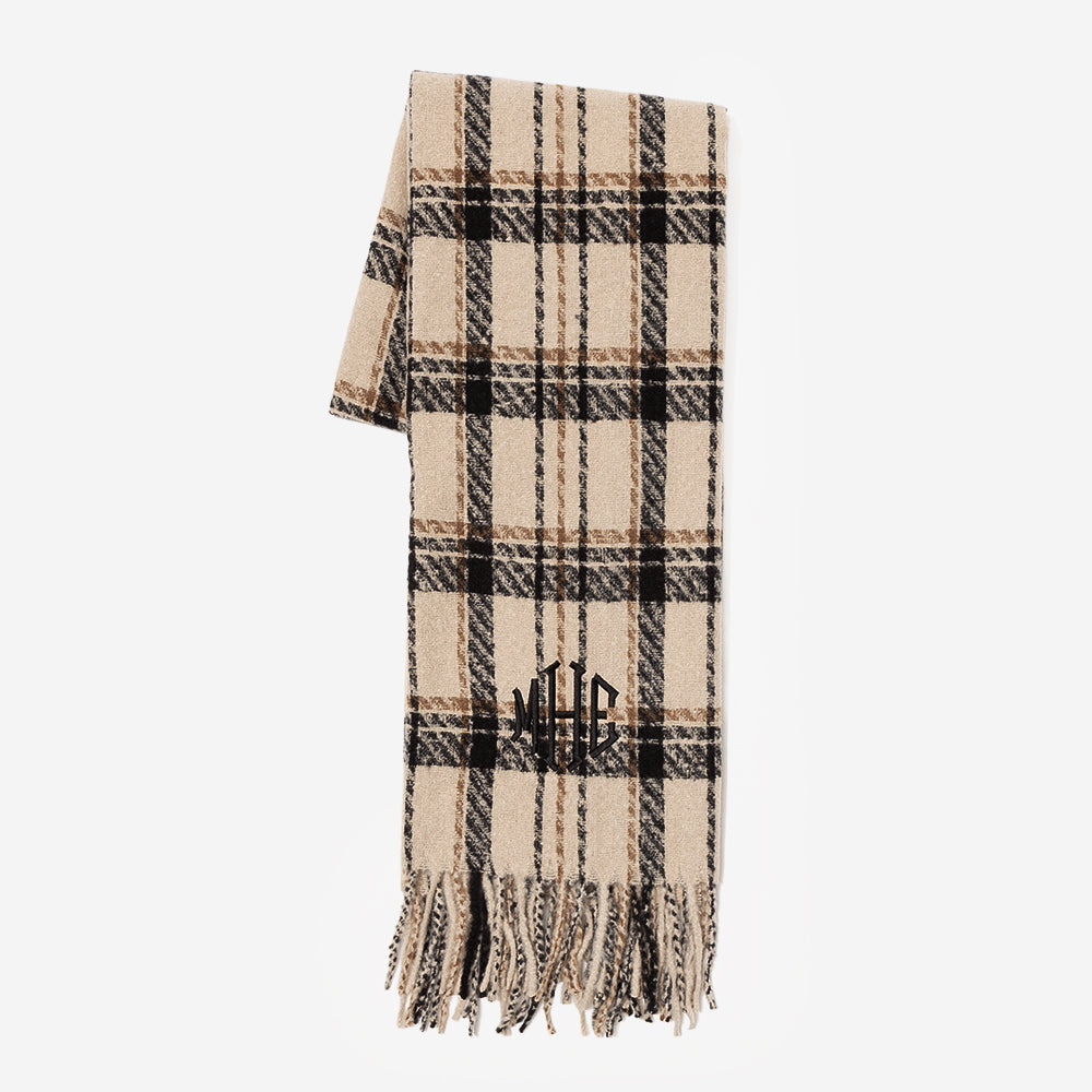 monogrammed plaid scarf in tan