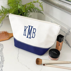 classic canvas cosmetic bag on bathroom counter