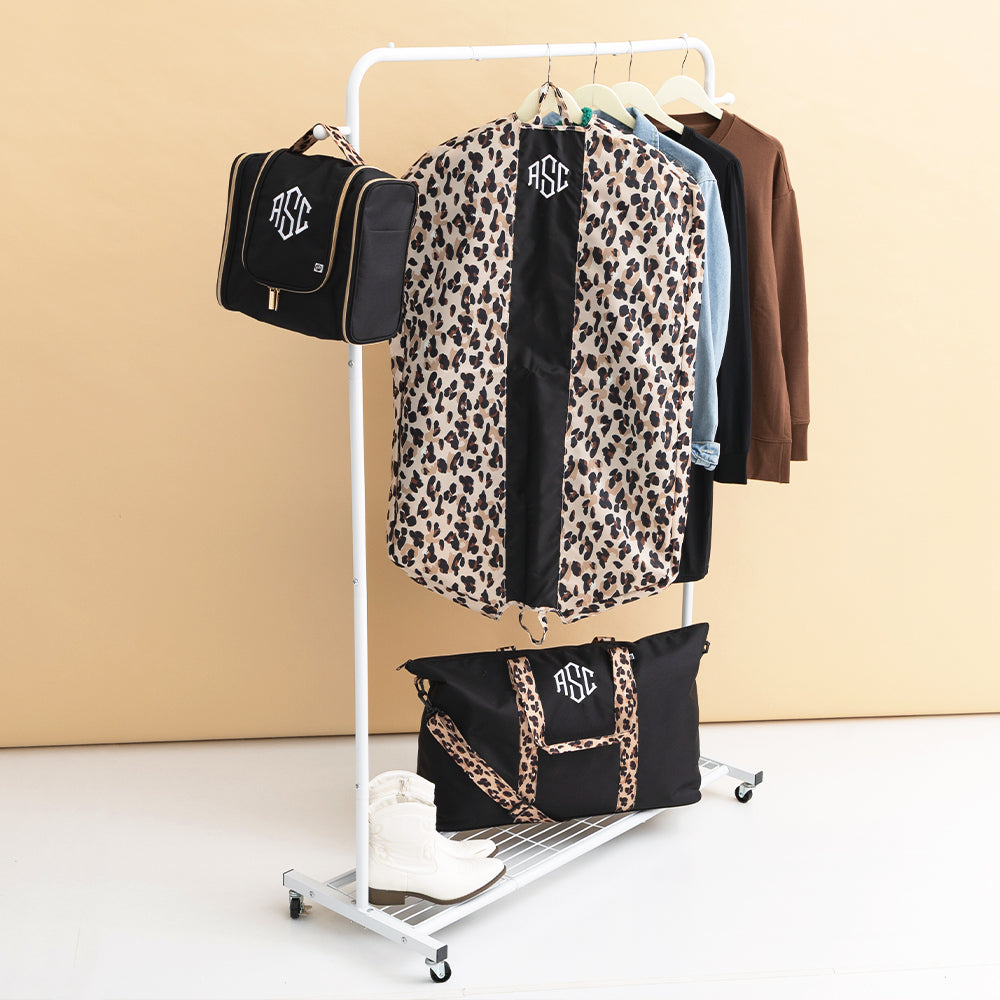classic cheetah packable garment bag with weekend bag and hanging toiletry bag