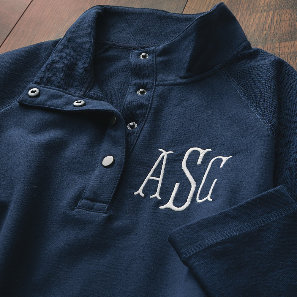 close of navy monogrammed essential pullover fabric 
