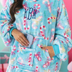 close up of candy cane cutie monogrammed xl blanket hoodie 