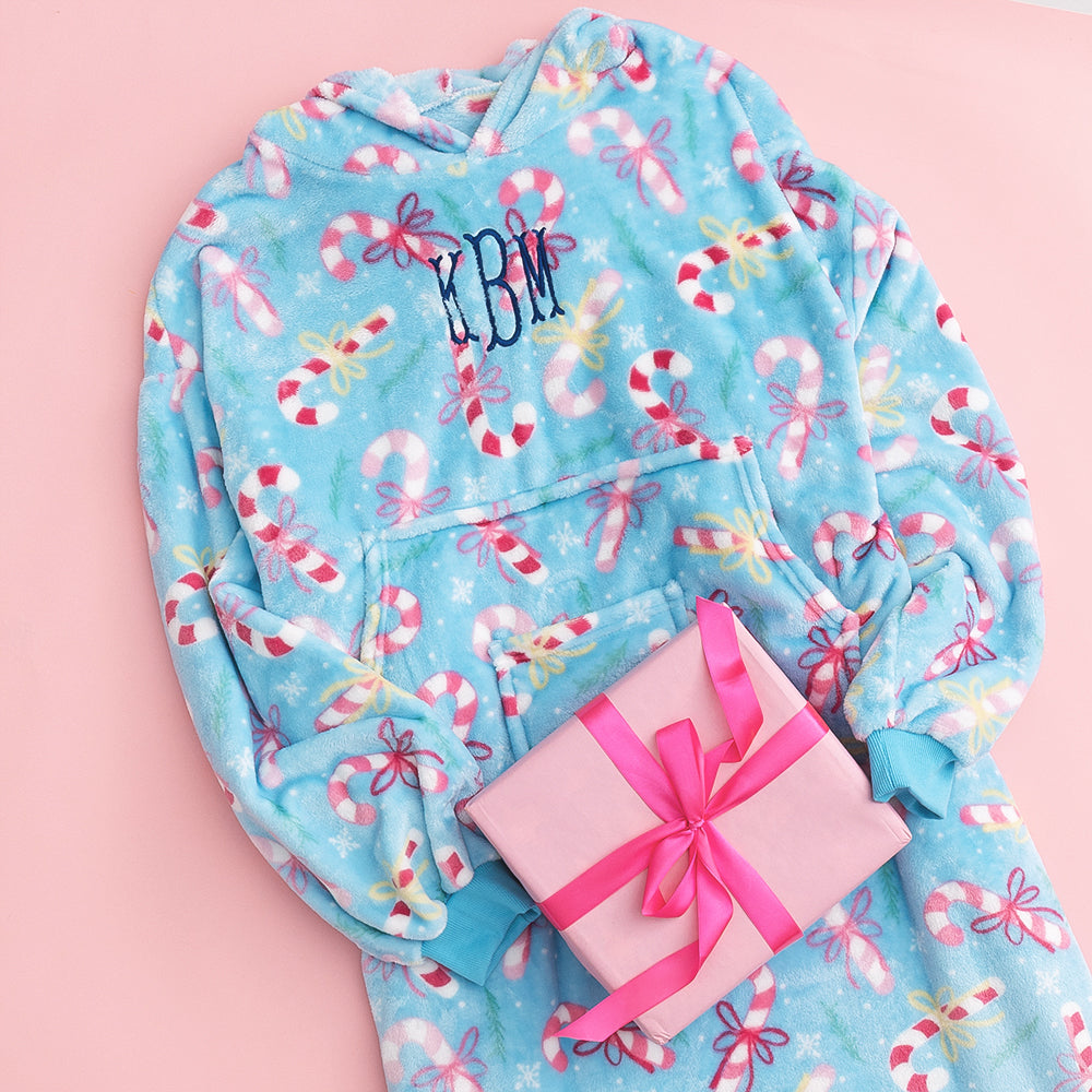 close up of candy cane cutie personalized xl blanket hoodie 