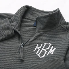 close up of charcoal personalized lightweight waffle quarter zip pullover 