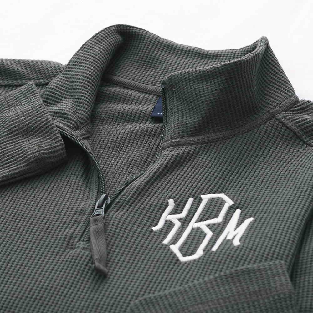 close up of charcoal personalized lightweight waffle quarter zip pullover 
