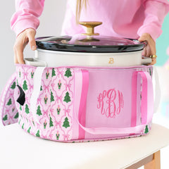 close up of christmas lattice monogrammed slow cooker carrier