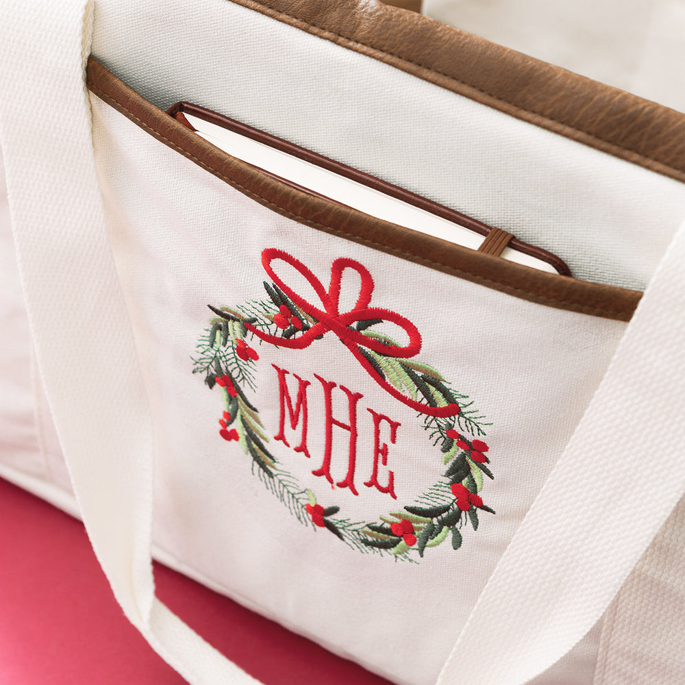 close up of christmas monogrammed wire top extra large tote 