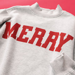 close up of merry mockneck sweatshirt 
