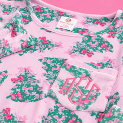 close up of monogram nightgown in pink christmas trees