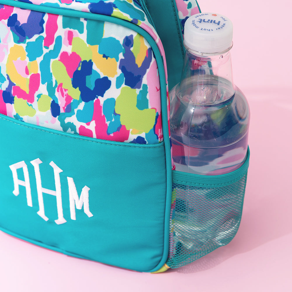close up of monogrammed lunch box side pocket