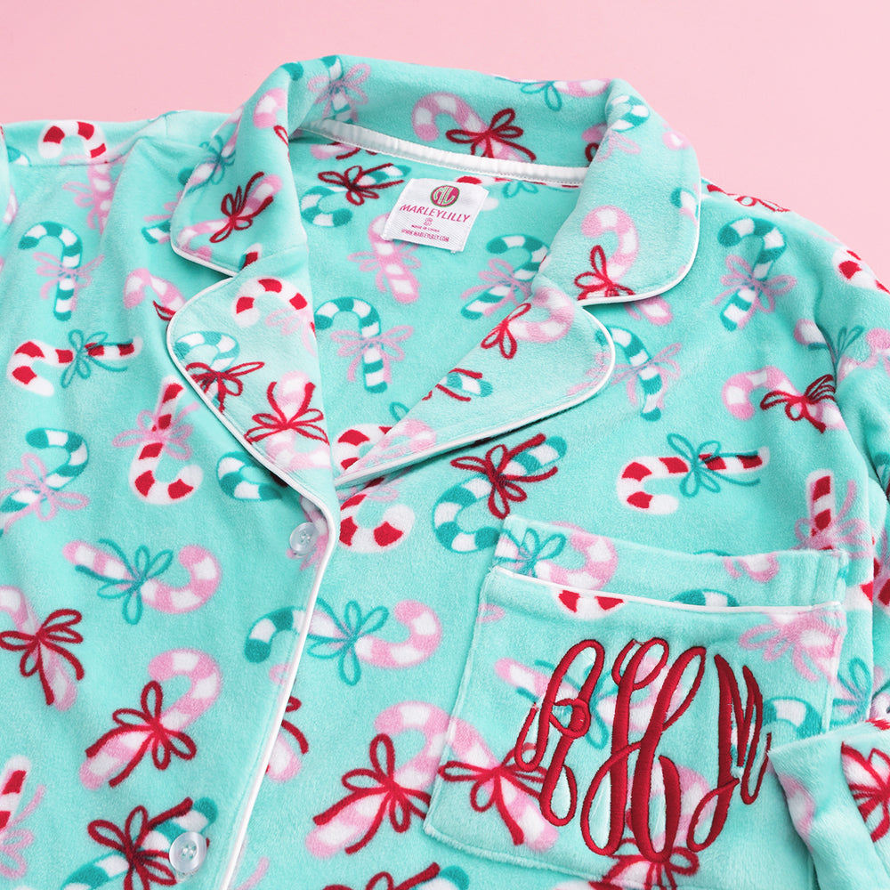 close up of monogrammed merry mint softspun pajama set
