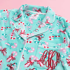 close up of monogrammed merry mint softspun pajama set