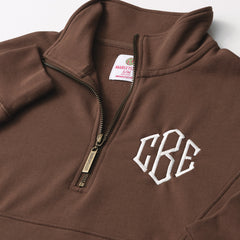 close up of monogrammed collared half zip pullover in chocolate 