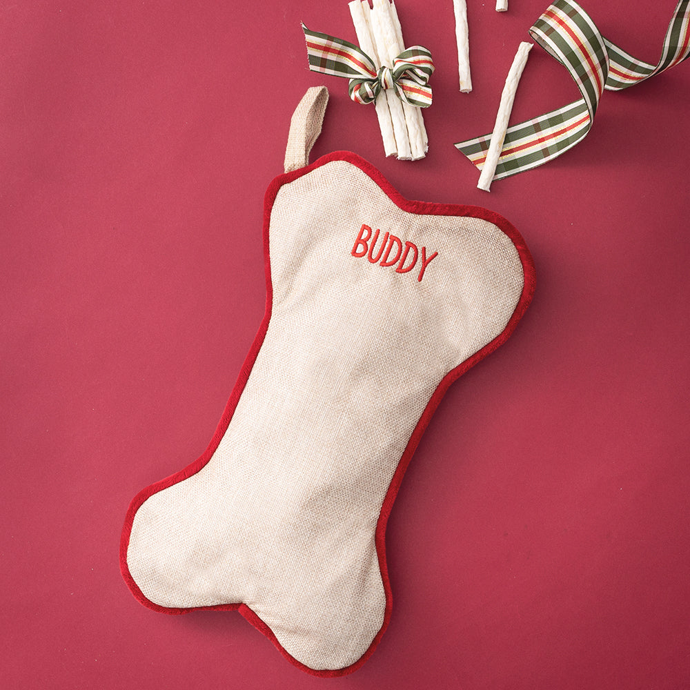 close up of personalized dog bone stocking 