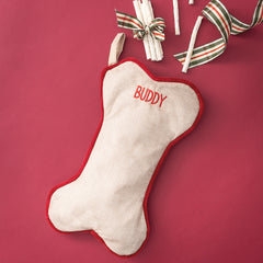 close up of personalized dog bone stocking 